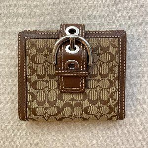 SOLD - Coach Signature Brown Canvas Trifold Buckle Wallet